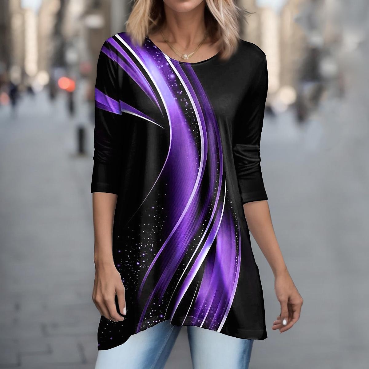 T-shirt Tunique Femme Géométrique Basic Manches Longues Col Rond Longs Hauts Quotidien Week-end Imprimé Tunique Fluide Rose Bleu Violet Vert Gris Printemps  Automne de 2025 ? $29.99 –P5