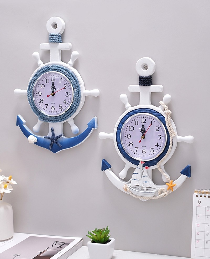 styl śródziemnomorski niebiesko-biały ster sternik kotwica spersonalizowany zegar ścienny zegar elektroniczny dekoracja zegarka nawigacja zegar biuro w domu motyw oceanu wiszące na ścianie 2025 - $23.99 -P4