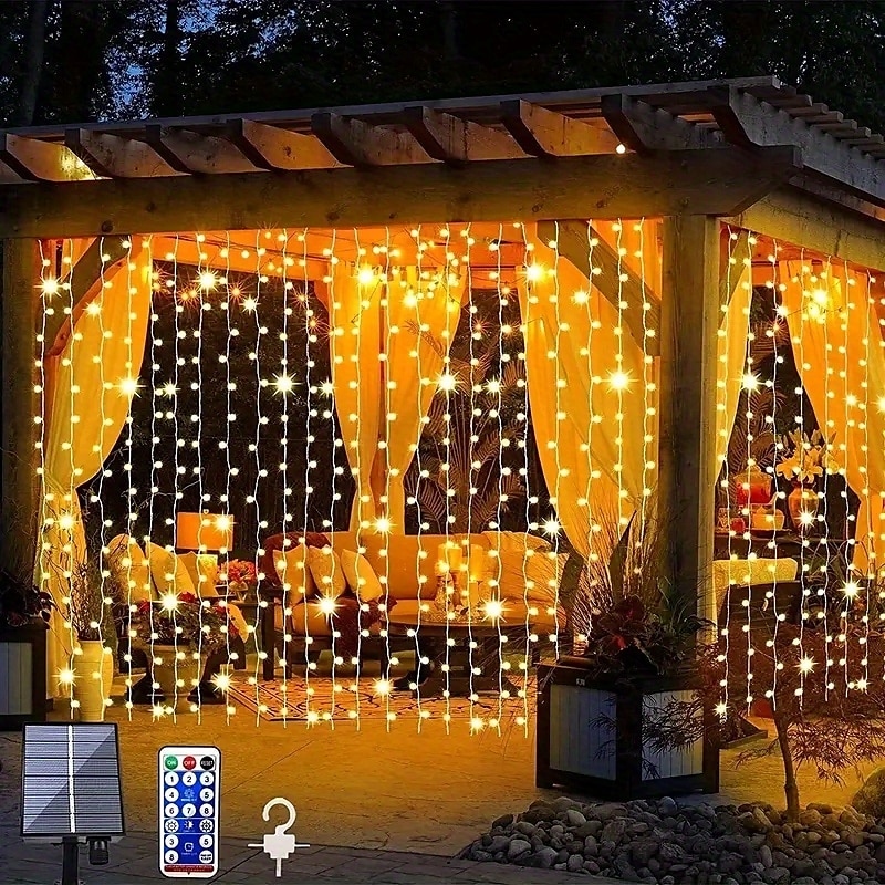 3*3m 300 led φωτιστικό ηλιακής κουρτίνας φωτιστικό εξωτερικού χώρου τηλεχειριστηρίου 8 λειτουργίες φωτισμού νεράιδα φώτα ip65 αδιάβροχα δερμάτινα φώτα νήμα Χριστουγεννιάτικο πάρτι γάμος σπίτι 2025 - $34.99 –P4