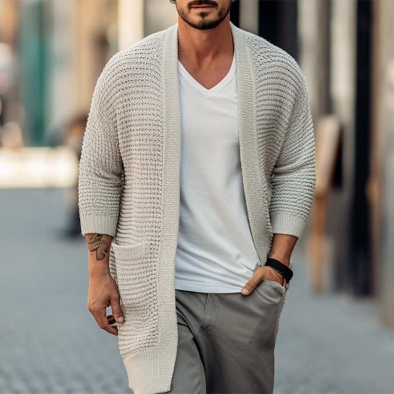 Pánské Svetr Svetr Cardigan Rýhovaný Plést Dlouhé Kapsy Pletený Bez vzoru Otevřený vepředu protažení Moderní soudobé Denní nošení Jdeme ven Oblečení Zima Podzim Černá Bílá S M L 2025 - $30.99 –P6