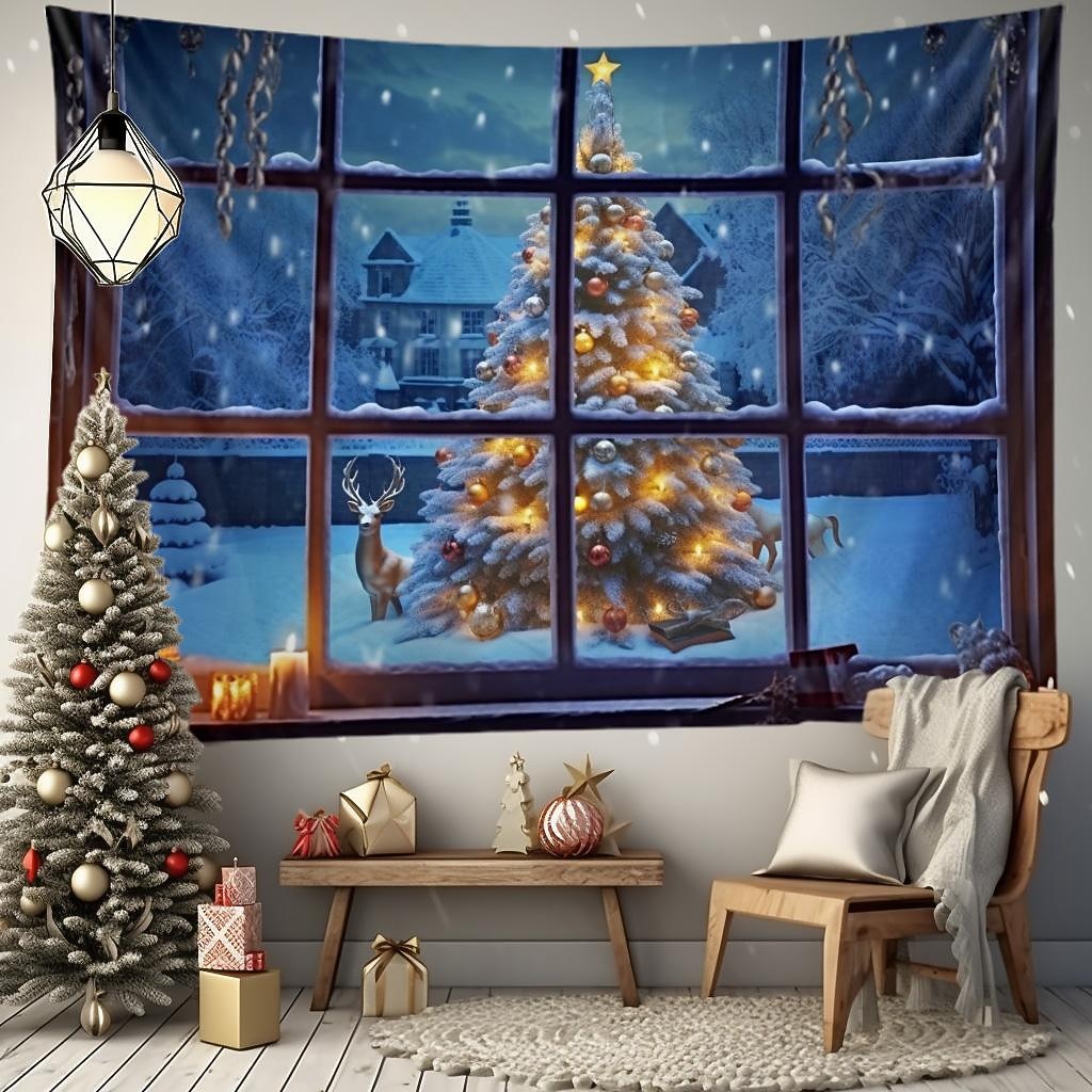 Christmas Decorations Hanging Tapestry Christmas Tree Winter Snow Wall Art Xmas Large Tapestry Mural Decor Photograph Backdrop Blanket Curtain Home Bedroom Living Room Decoration Window View 2025 - $14.49 –P4