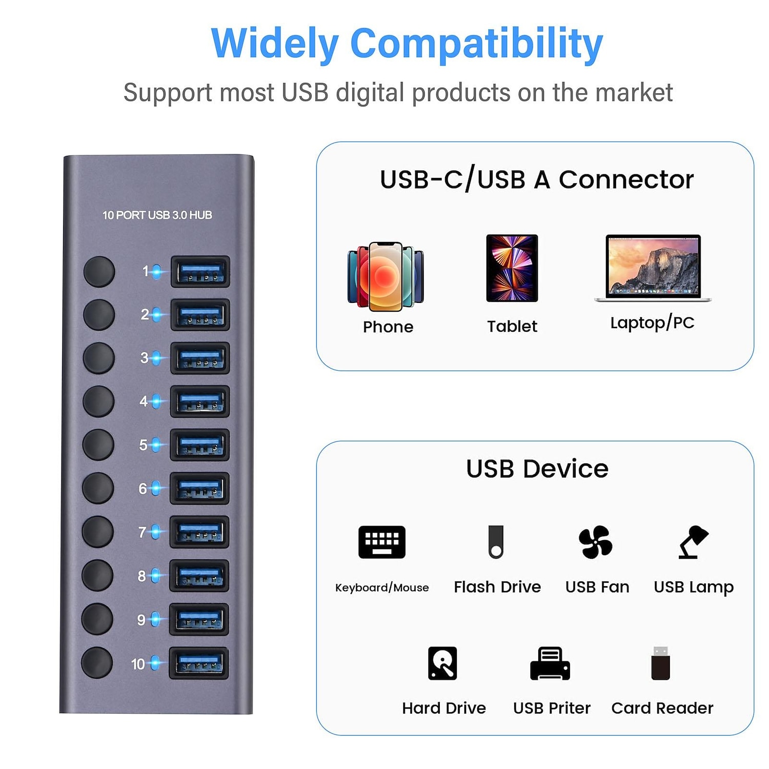 100‑240V 10 Port 60W USB 3.0 Hub with Individual Power Switches LEDs Aluminum Alloy Shell USB 3.0 Docking Station 60W 12V 5A Power Adapter 2025 - $68.99 –P8