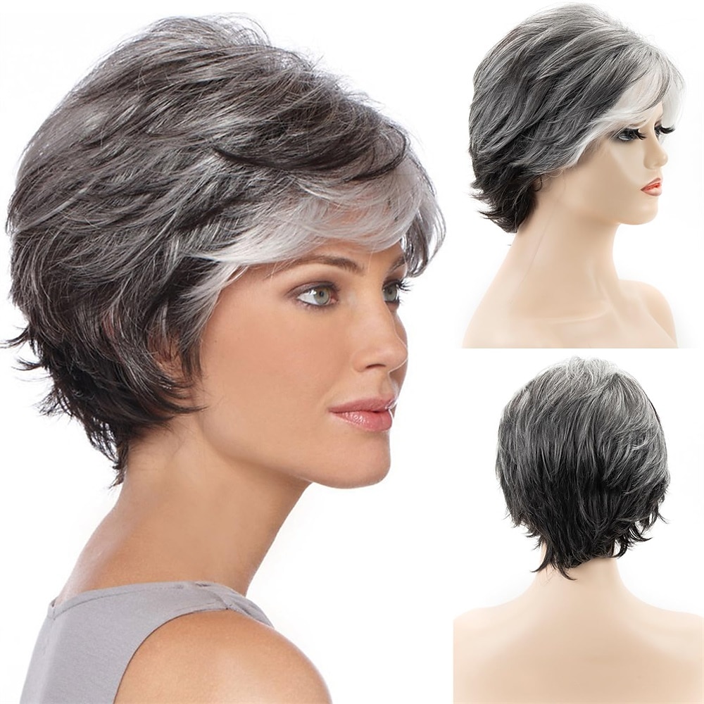 Short Grey Pixie Cut Wigs for Women layered Synthetic Hair Mixed Gray Wig with White Bangs Natural Wavy Wigs for Old Lady 2025 - $24.99 –P7