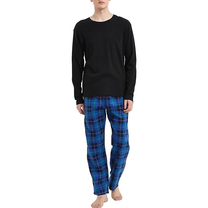 Herr Vardagsklädsel Sovkläder Pyjamas set Pyjamastopp och byxa 2 delar Rutig Stylish Ledigt Komfort Hem Dagligen Bomullsblandning Komfort Rund hals Långärmad T-shirt Byxa Snörning Elastisk midja 2025 - $33.99 –P19