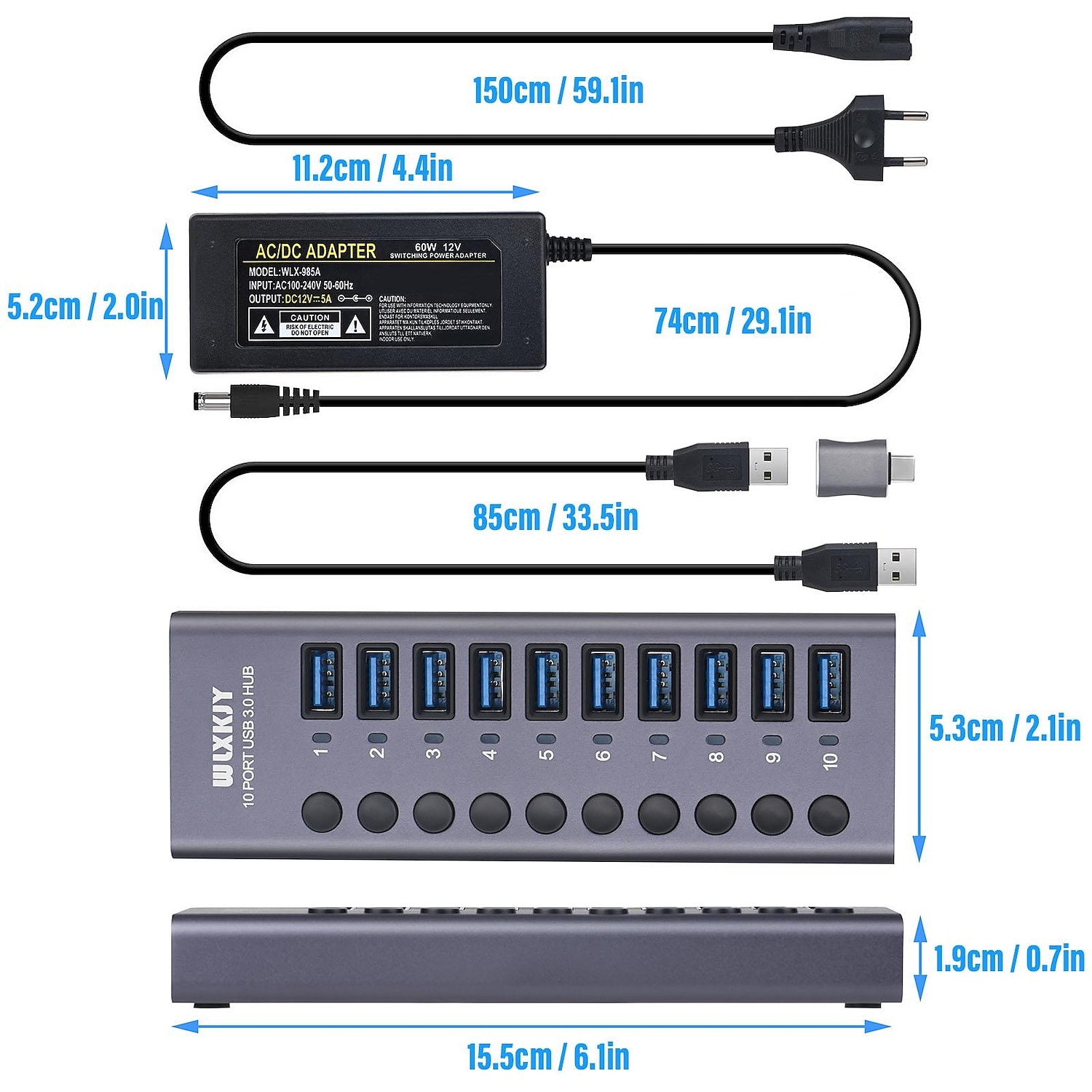 100‑240V 10 Port 60W USB 3.0 Hub with Individual Power Switches LEDs Aluminum Alloy Shell USB 3.0 Docking Station 60W 12V 5A Power Adapter 2025 - $68.99 –P3