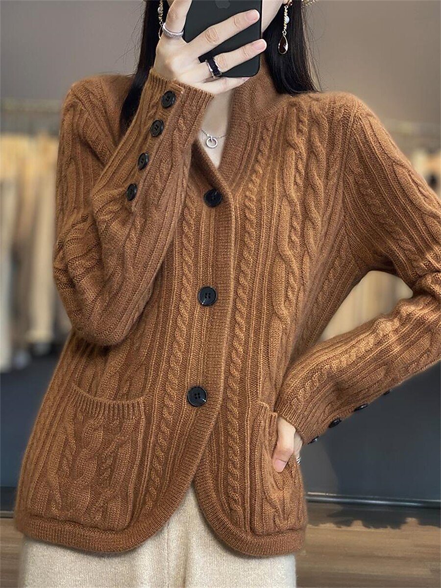 Women's Cardigan Sweater Stand Collar Cable Knit Rayon Button Pocket Fall Winter Outdoor Daily Going out Stylish Casual Soft Long Sleeve Solid Color White Brown Beige S M L 2023 - US $35.99 –P6