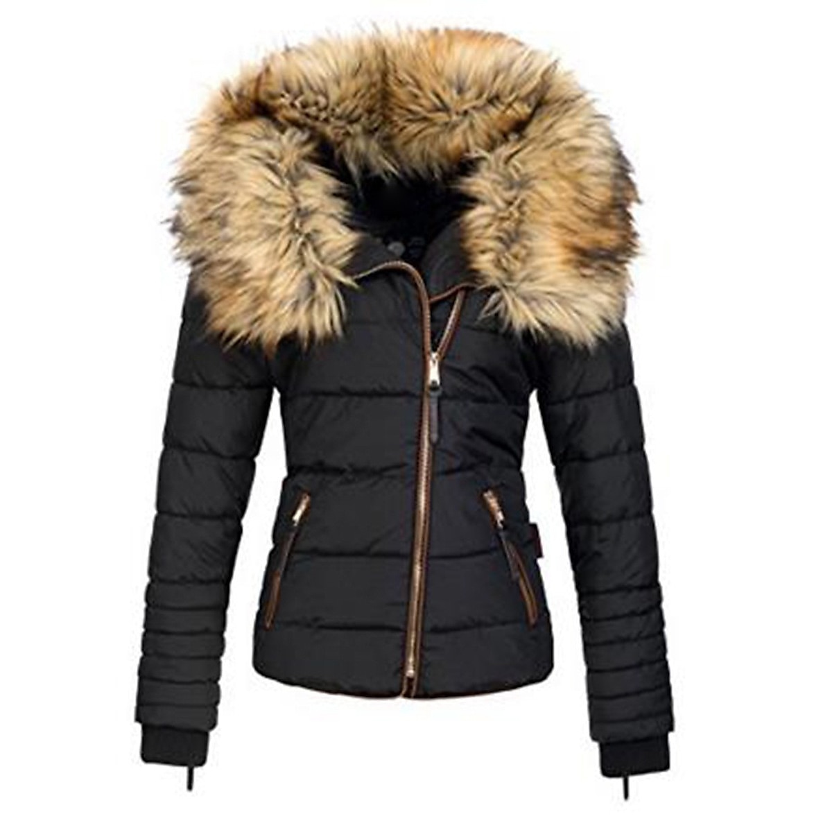 Women's Parka Fleece Puffer Jacket Winter Thicken Coat with Fur Collar Fall Drawstring Warm Heated Jacket with Pockets Long Sleeve Black 2024 - $71.99 –P1