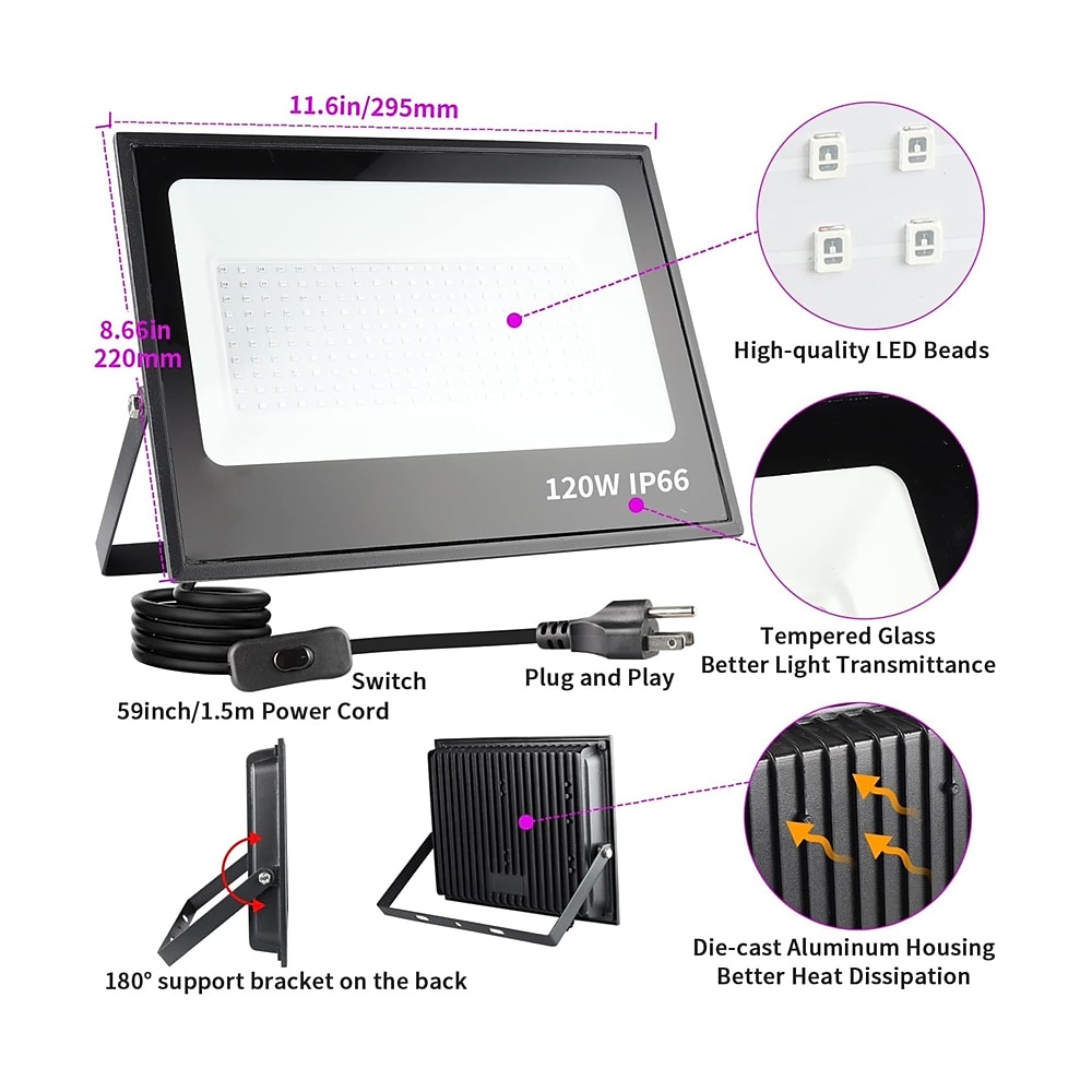 2025年 LEDブラックライト 30W 60W 120W UVフラッドライト395nm-405nm IP66防水高出力ブラックライトスイッチ付きプラグ(59インチ)パーティーやステージUVレジン硬化ペイント用ハロウィン用  コレクション – $65.99 –P1