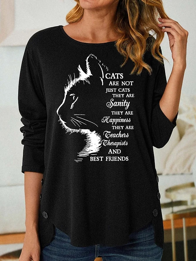 Damen T-Shirt modischer Katzen-Buchstabendruck, langärmelig, normale Oberteile, Rundhalsausschnitt, Alltag, Wochenende, Schwarz, Rosa, Lila, Grau, Frühling&amp;  fallen 2026 - $26.99 –P1
