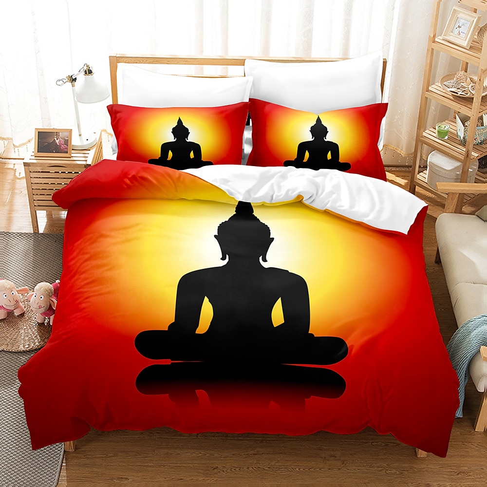 buddha mønstertrykk dynetrekk sengetøy sett dynetrekk med 1 trykktrykk dynetrekk eller trekk，2 putevar for dobbel/dronning/konge 2025 - $45.99 –P1