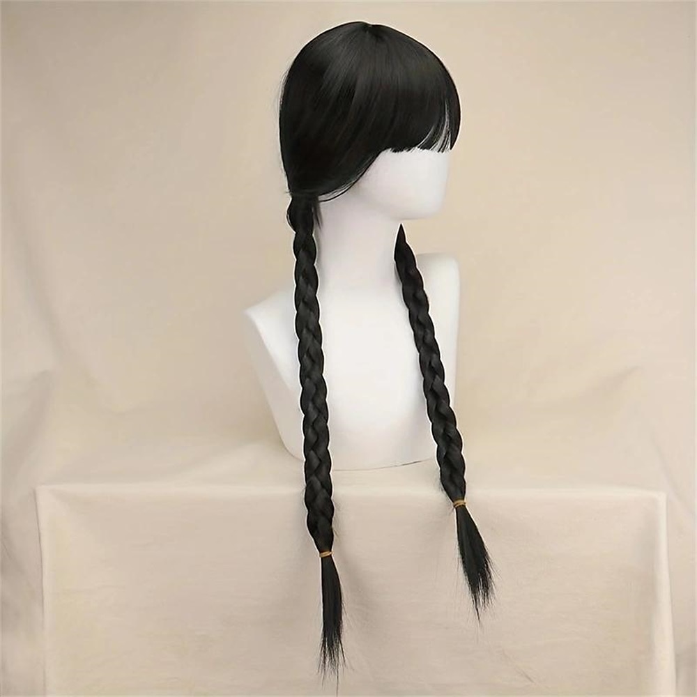 perruque synthétique mercredi droite avec 2 queues de cheval perruque fabriquée à la machine cheveux synthétiques longs noirs femmes doux naturel fête noir perruques d'Halloween de 2025 ? $22.99 –P4