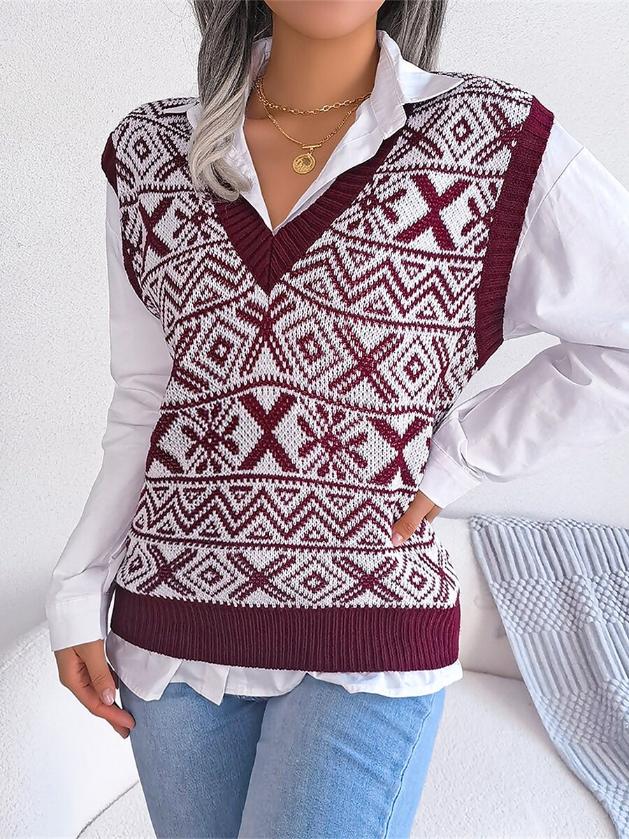 Women's Xmas Sweater Vest V Neck Ribbed Knit Acrylic Button Fall Winter Regular Outdoor Christmas Daily Stylish Casual Soft Sleeveless Snowflake Wine Blue Khaki S M L 2023 - US $27.99 –P3