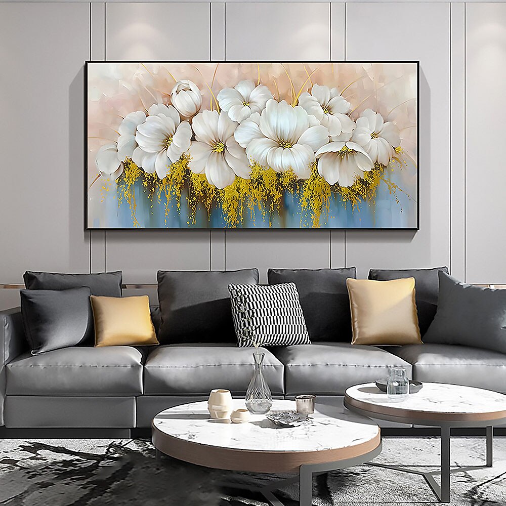 Handgefertigtes handgemaltes Ölgemälde an der Wand, abstraktes Ölgemälde mit weißen blühenden Blumen auf Leinwand, originales goldenes Blumen-Acrylgemälde, modernes großes Wandkunst-Dekor, gerollte 2025 - $77.99 –P8
