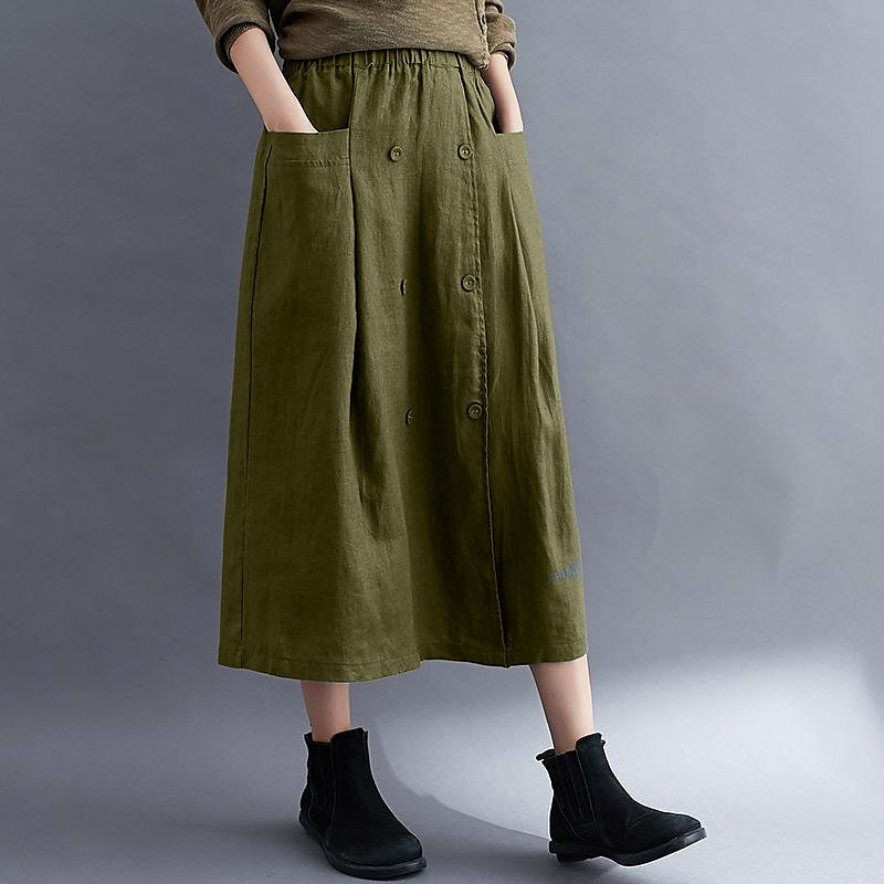 Women's Skirt A Line Long Skirt Linen Skirts coastal grandma style Basic Casual Long Midi Skirts Solid Colored Pocket Split Ends Street Daily Black Brown Green Apricot Spring & Summer Cotton Linen 2025 - $21.99 –P9