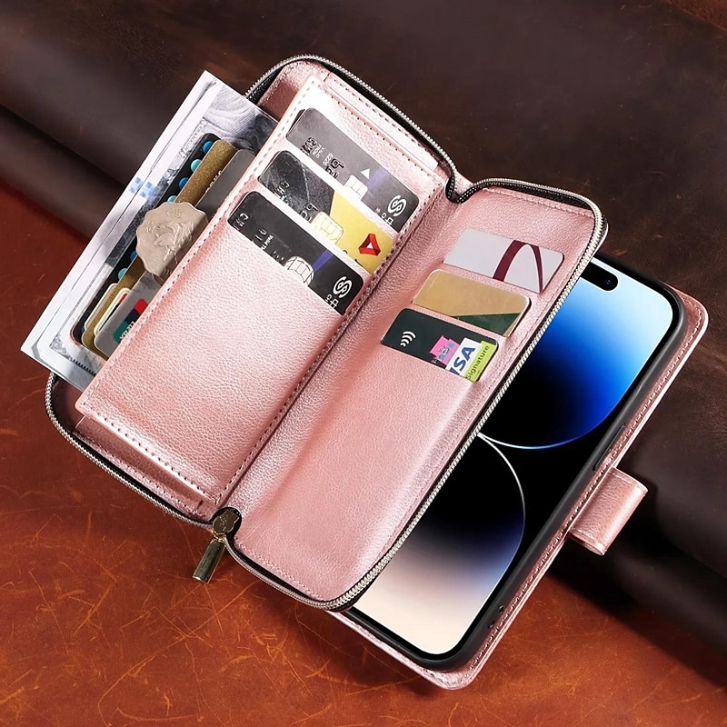 Custodia per iPhone 16 iPhone 15 Pro Max Plus iPhone 14 13 12 11 Pro Max X XR XS 8 7 Plus custodia wallet con supporto magnetico zip retro TPU PU pelle del 2025 a $25.99 –P2