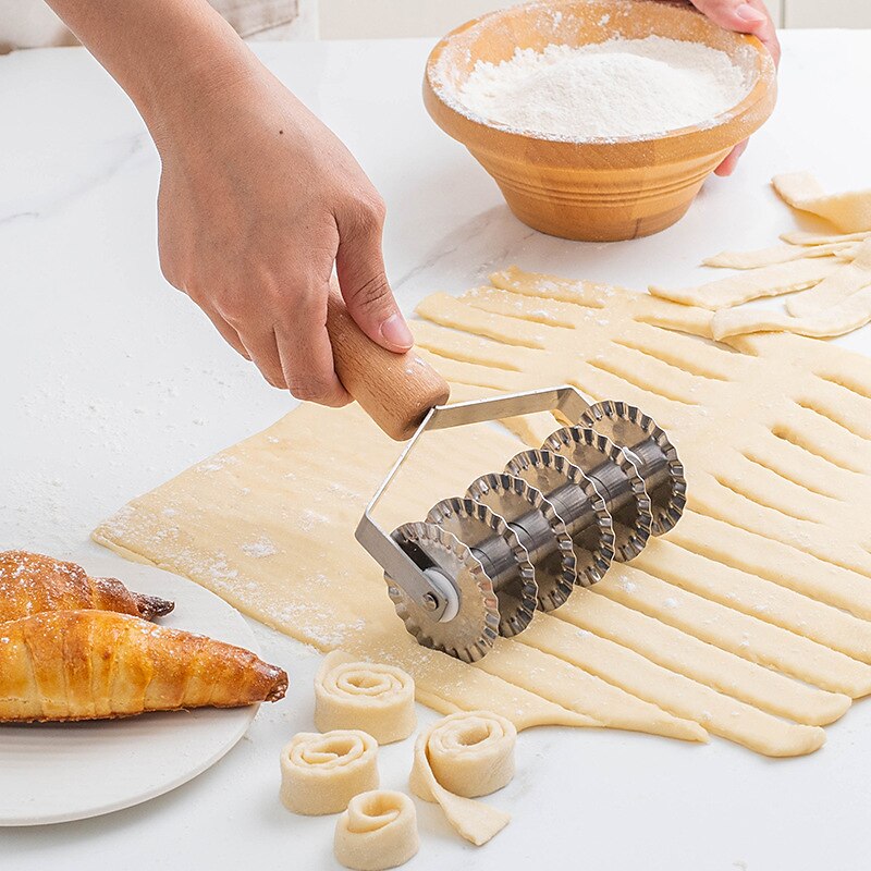 Stainless Steel Six-wheel Cookie And Noodle Cutter With Wavy Wood
