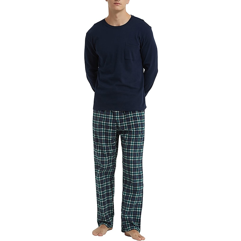 Herr Vardagsklädsel Sovkläder Pyjamas set Pyjamastopp och byxa 2 delar Rutig Stylish Ledigt Komfort Hem Dagligen Bomullsblandning Komfort Rund hals Långärmad T-shirt Byxa Snörning Elastisk midja 2025 - $33.99 –P16