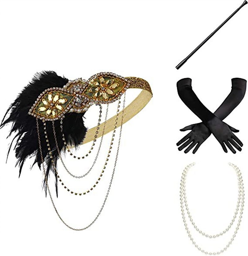 Szüret 1920-as évek A nagy Gatsby Flapper fejpánt Kiegészítő készlet Charleston Esküvői Vendég Toll Női Álarcos mulatság Esküvői fogadás Lánybúcsú Fesztivál Felnőttek Kesztyűk Fejpánt Minden évszak 2025 - $24.54 –P8