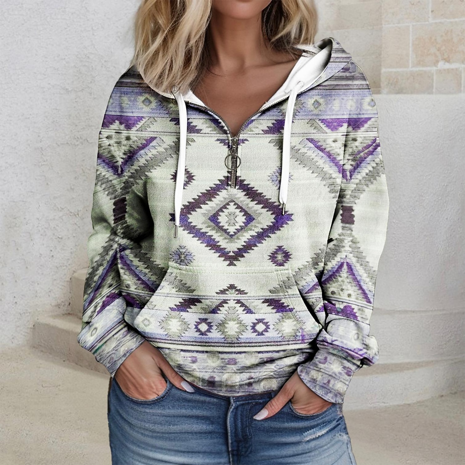 Women's Quarter Zipper Sweater Hoodie Hoodie Pullover Tribal Casual Sports Drawstring Front Pocket Quarter Active Ethnic Hoodie Long Sleeve Top  Comfrt Breathable Soft Fabric 2025 - $22.99 –P4