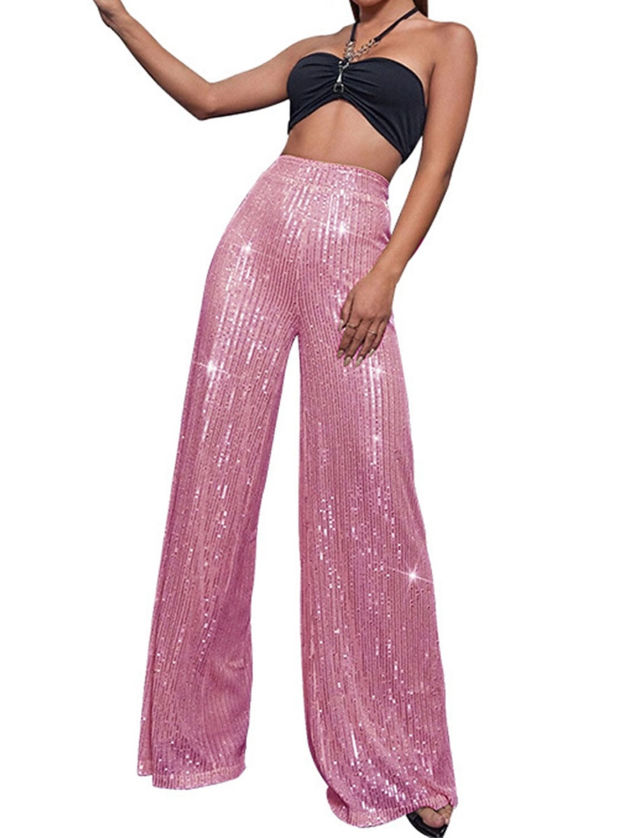 Women's Wide Leg Pants Trousers Sparkly Pants Elegant Fashion Sparkle Full Length High Waist Plain Sequins Comfy Micro-elastic Club Party Street Blue claret M beige Pink gold Summer Spring Regular Fit 2026 - $17.99 –P11