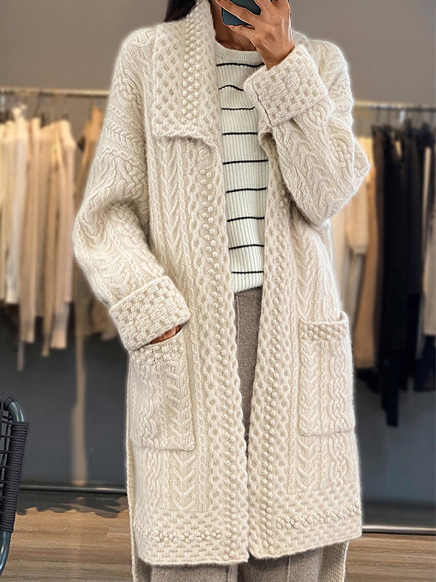 Women's Cardigan Sweater Jumper Cable Knit Long Lace up Button Solid Color Shirt Collar Stylish Casual Outdoor Holiday Fall Winter Beige S M L 2023 - US $45.99 –P4