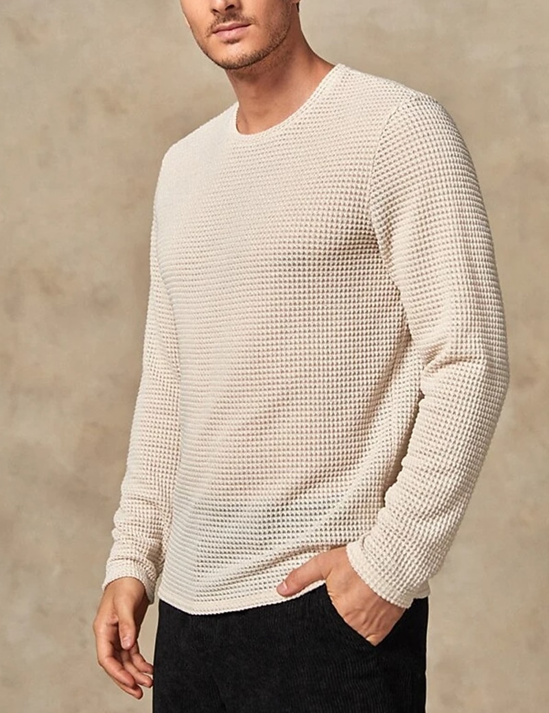 Herren Waffel-T-Shirt Waffelhemd T Shirt T-Shirt Langarm Rundhalsausschnitt Frühling & Herbst Einfach Mode Designer Basic Urlaub Straße Ausgehen Beige Top T-Shirt für Herren 2026 - $23.99 –P1