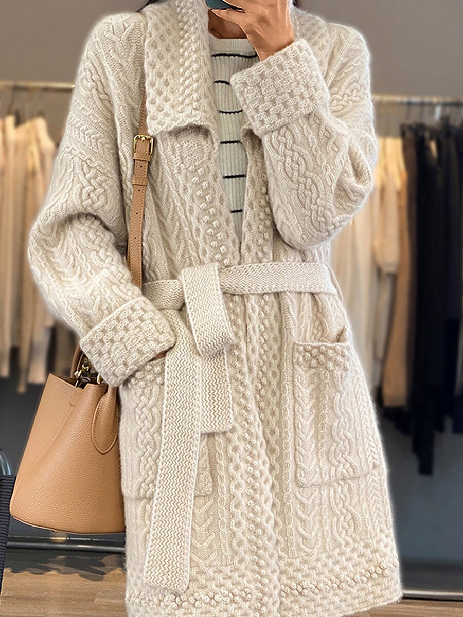 Women's Cardigan Sweater Jumper Cable Knit Long Lace up Button Solid Color Shirt Collar Stylish Casual Outdoor Holiday Fall Winter Beige S M L 2023 - US $45.99 –P5