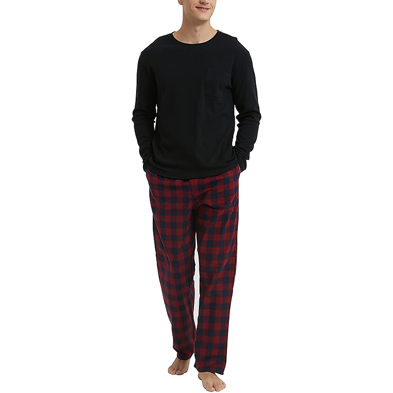 Herr Vardagsklädsel Sovkläder Pyjamas set Pyjamastopp och byxa 2 delar Rutig Stylish Ledigt Komfort Hem Dagligen Bomullsblandning Komfort Rund hals Långärmad T-shirt Byxa Snörning Elastisk midja 2025 - $33.99 –P4