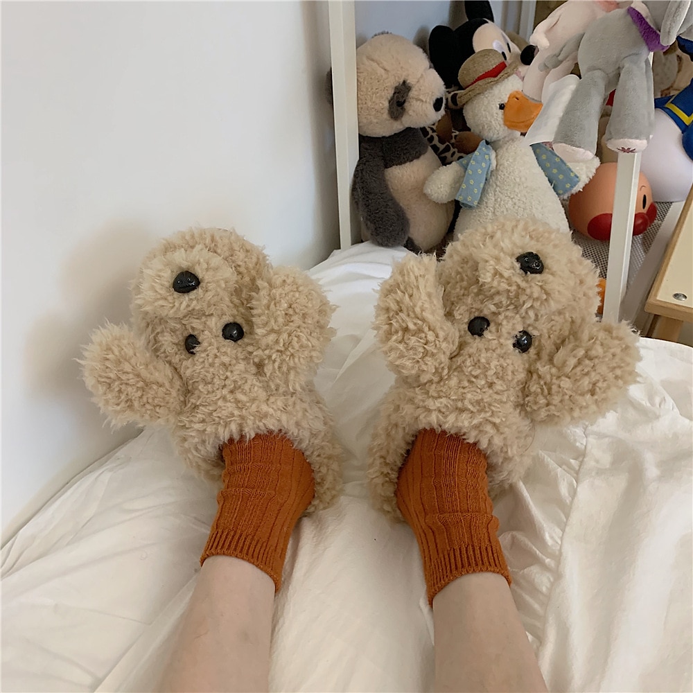 pantufas de lã com cara de cachorro fofas para mulheres – sapatos quentes e aconchegantes para ambientes internos com design de cachorrinho de pelúcia de 2025 por $18.99 -P5