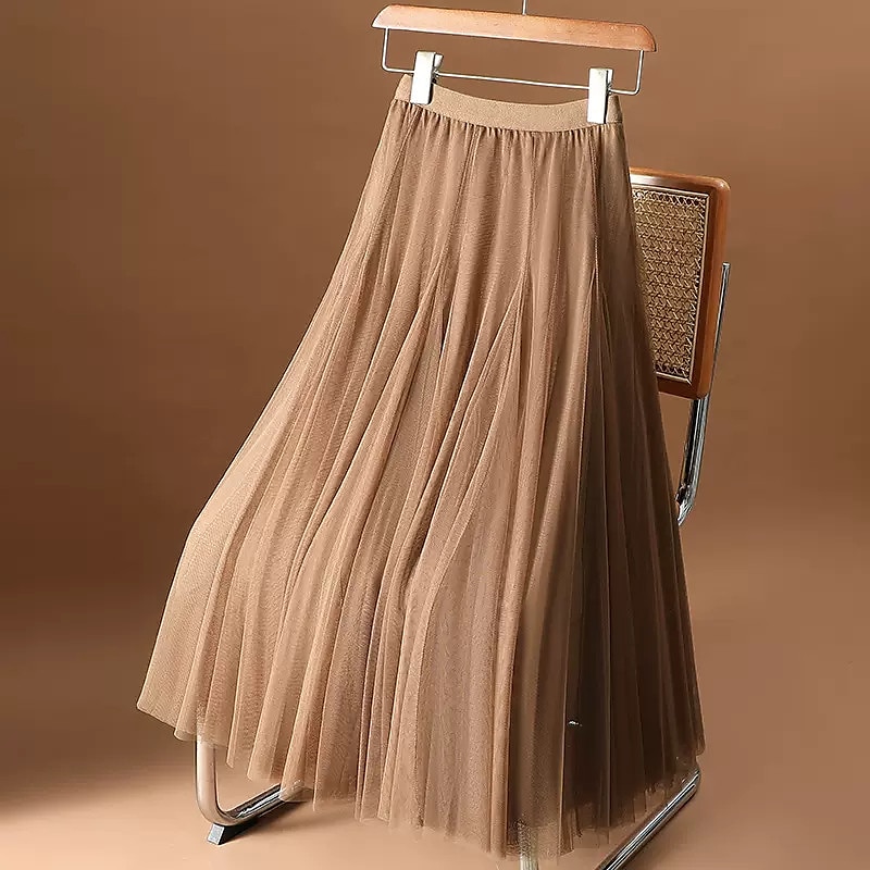 jupe femme jupe midi évasée froncée superposée couleur unie rendez-vous quotidien printemps, automne, hiver, été élégante longue abricot noir blanc rose de 2025 ? $31.99 –P11