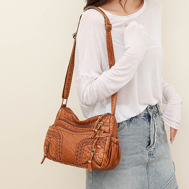 Bolso de hombro vintage de piel sintética marrón para mujer: bolso bandolera bohemio con múltiples bolsillos, elegante bolso de diario para uso informal y de viaje 2025 - $24.99 –P1