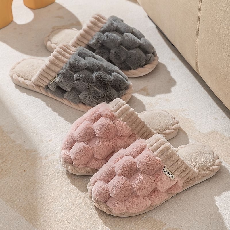 chinelos femininos rosa felpudos, sapatos confortáveis para casa com cabedal de malha e forro de pelúcia para conforto no inverno de 2025 por $18.99 –P5