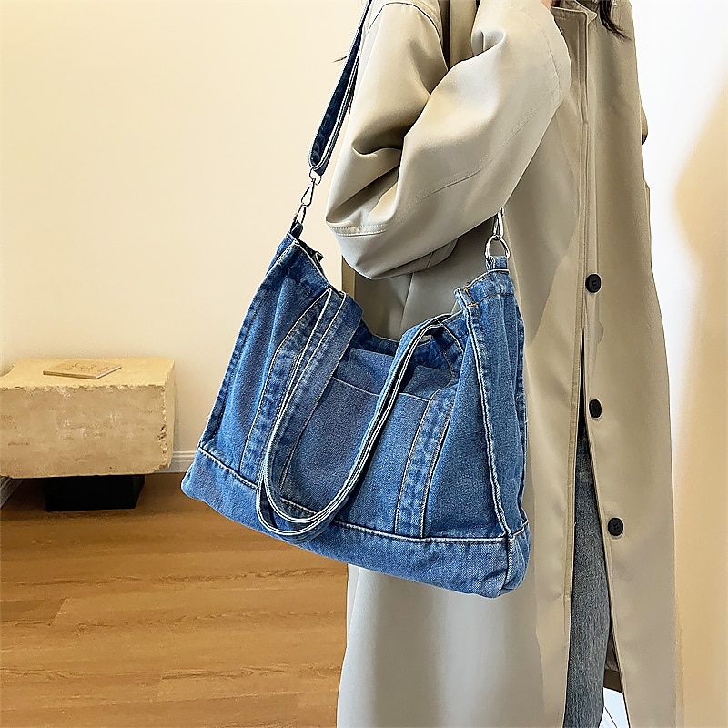 2025年 女性用デニムショルダーバッグ – 大容量、マルチキャリーデザイン、カジュアルな日常使いのトート  コレクション – $24.99 –P1