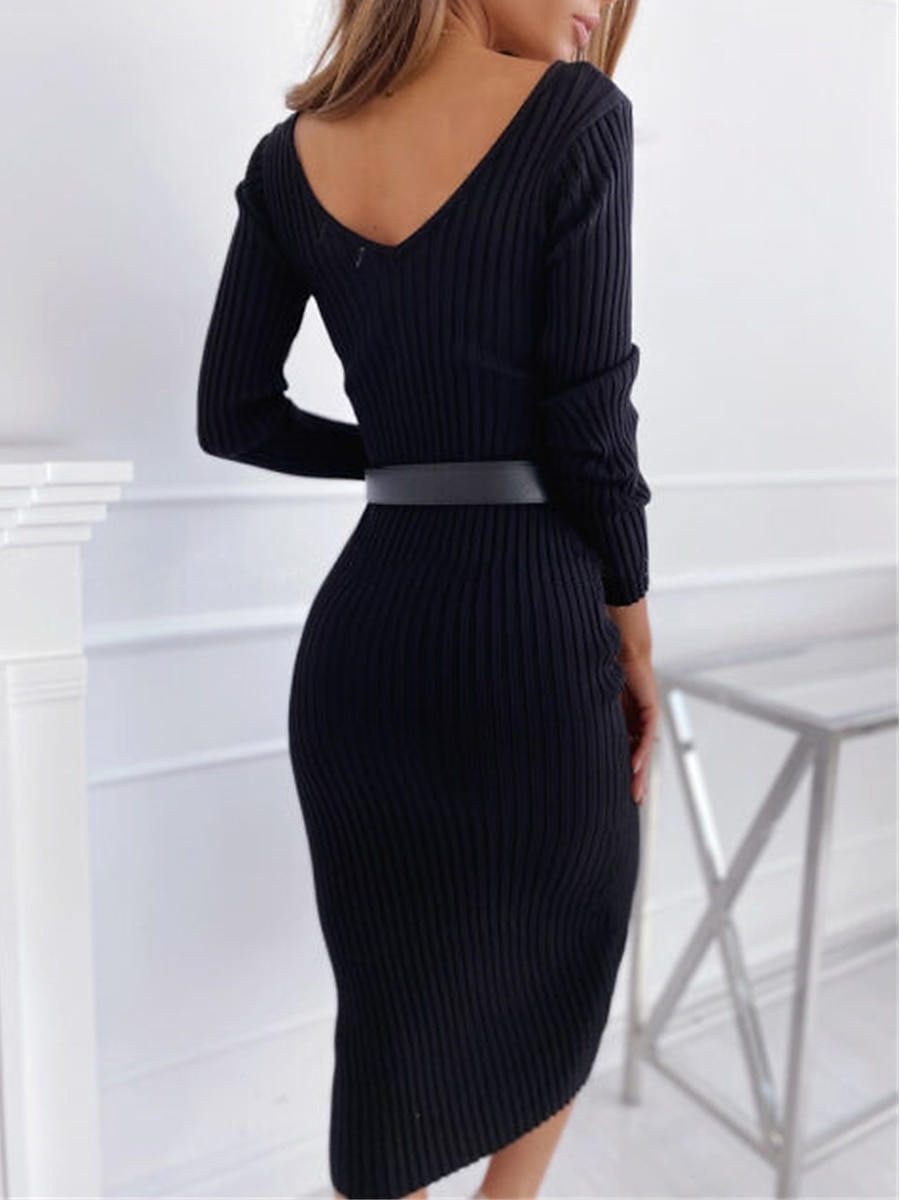 Women's Sweater Dress Knit Dress Jumper Dress Midi Dress Knitwear Warm Fashion Pure Color Outdoor Casual Daily Going out V Neck Long Sleeve 2023 Regular Fit Black White khaki S M L XL XXL 2025 - $21.99 –P10