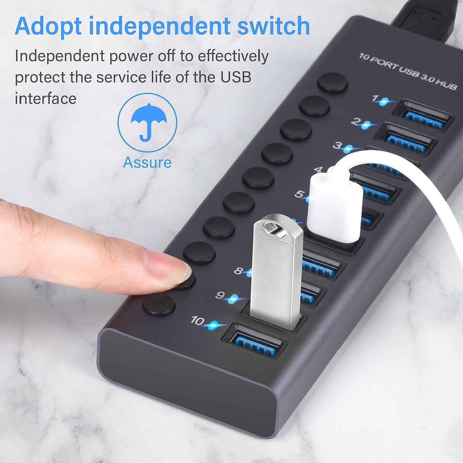 100‑240V 10 Port 60W USB 3.0 Hub with Individual Power Switches LEDs Aluminum Alloy Shell USB 3.0 Docking Station 60W 12V 5A Power Adapter 2025 - $68.99 –P7