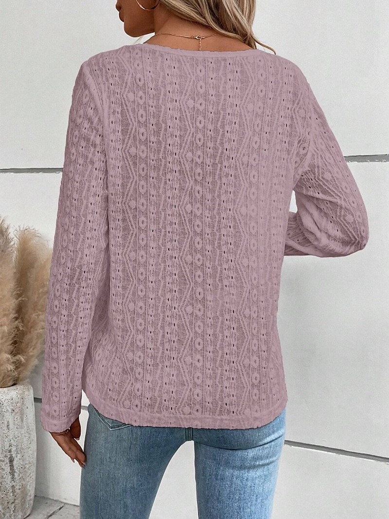 Women's Shirt Lace Shirt Blouse Eyelet top Color Block Plain Fashion Long Sleeve Round Neck Regular Tops Work Buttons Black White Purple Brown Beige Spring & Fall 2025 - $27.99 –P3