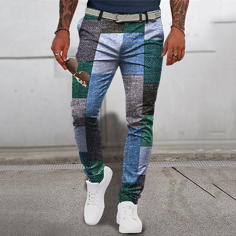 Rutig Geometri Affär Herr 3D-utskrift Byxor Utomhus Gata Klä till Jobbet Polyester Gul Blå Grön S M L Medium Midja Elasticitet Byxor 2025 - $29.99 –P2