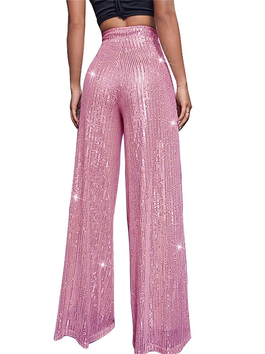 Women's Wide Leg Pants Trousers Sparkly Pants Elegant Fashion Sparkle Full Length High Waist Plain Sequins Comfy Micro-elastic Club Party Street Blue claret M beige Pink gold Summer Spring Regular Fit 2026 - $17.99 –P12