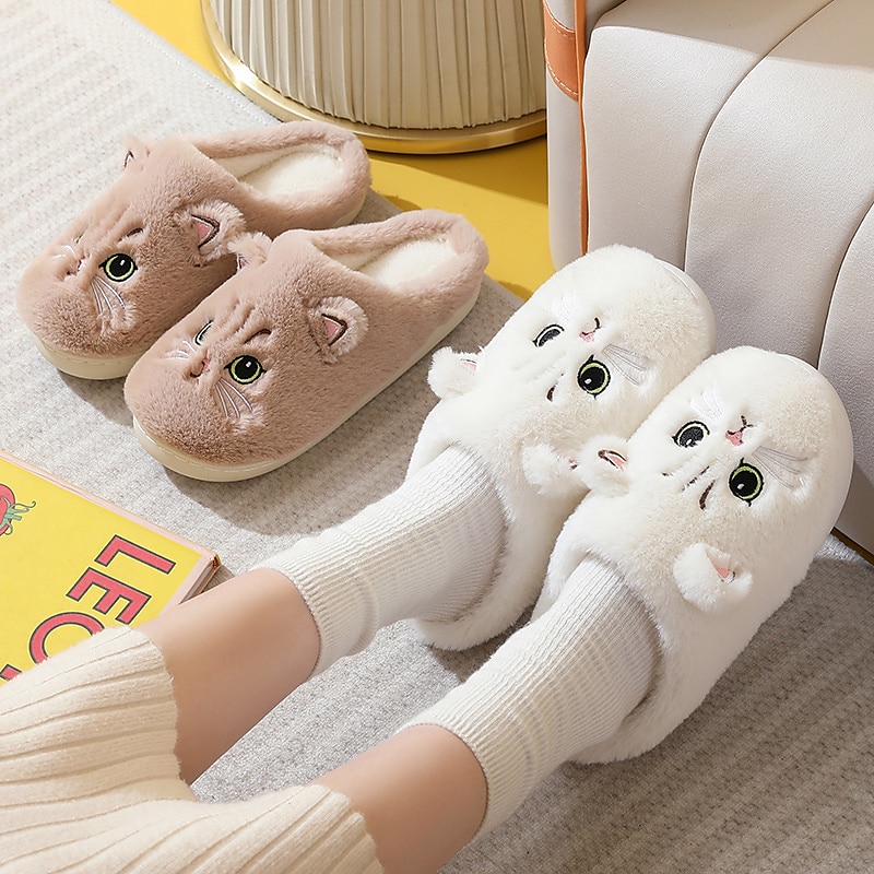 papuci de pisică de pluș pentru femei - papuci confortabili de interior cu blană, cu urechi drăguțe și broderie pentru îmbrăcăminte de iarnă acasă 2025 - $18.99 –P5