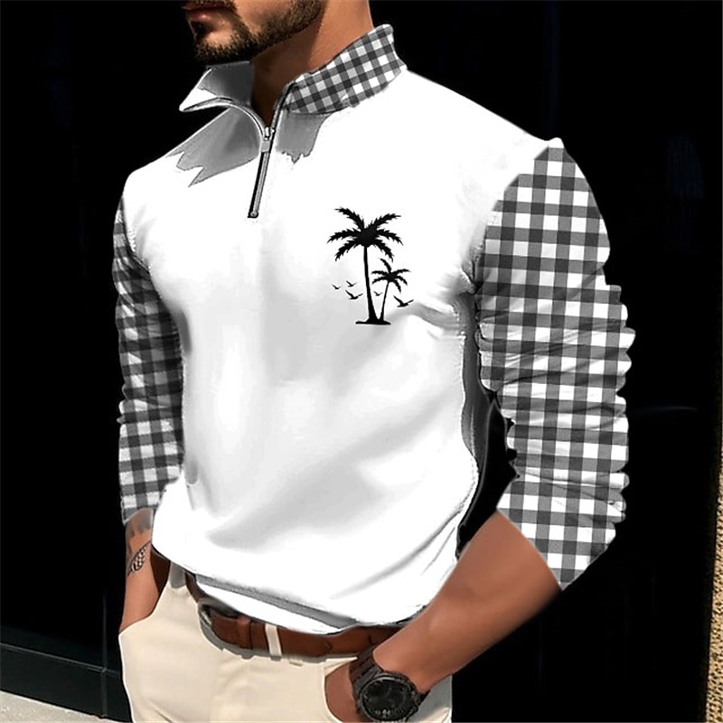 Kentucky Derby Men's Plaid Coconut Tree Zip Polo Golf Polos Shirts Long Sleeve Polo Shirts Zip Casual Outdoor Casual Daily Streetwear 3D Print Fall & Winter White Blue Green 2026 - $25.99 –P1