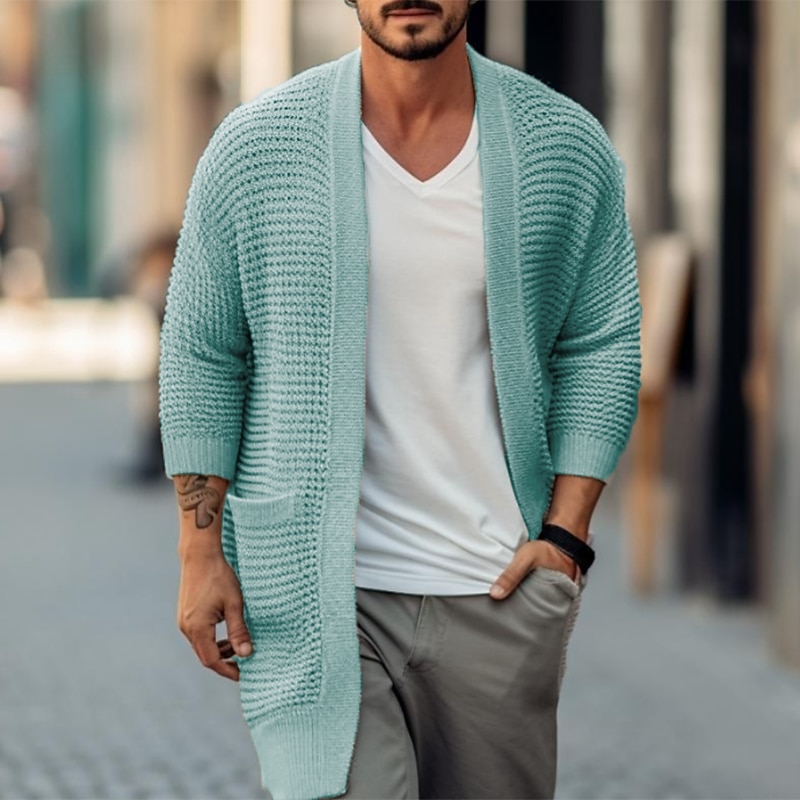 Pánské Svetr Svetr Cardigan Rýhovaný Plést Dlouhé Kapsy Pletený Bez vzoru Otevřený vepředu protažení Moderní soudobé Denní nošení Jdeme ven Oblečení Zima Podzim Černá Bílá S M L 2025 - $30.99 –P1