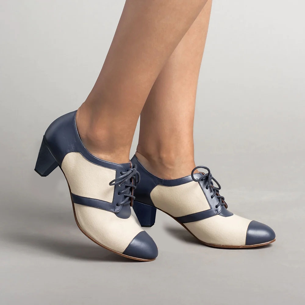 pantofi oxford vintage de damă în două tonuri - toc mic clasic cu șireturi pentru birou sau ținută casual 2025 - $46.99 –P6