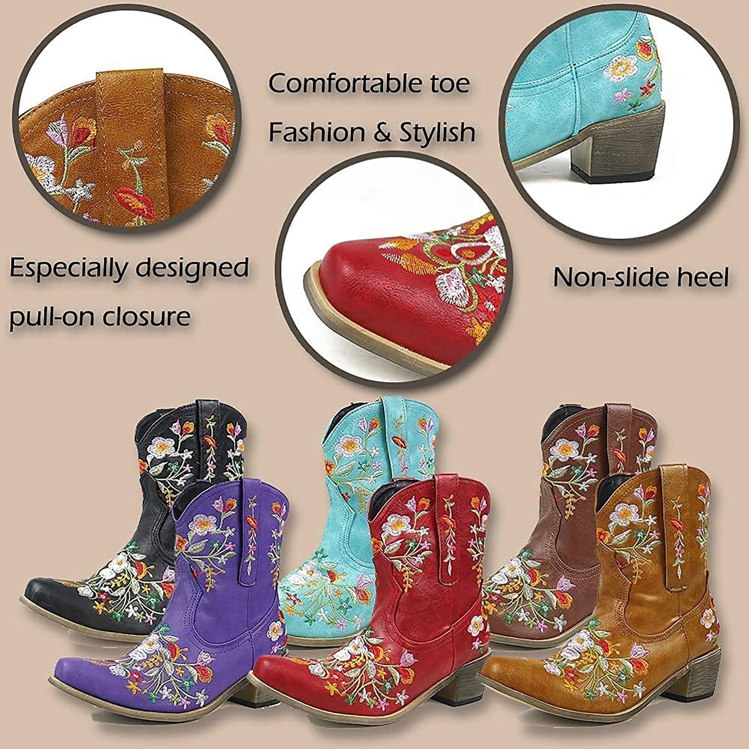 Women's Vintage Western Cowboy Boots – Floral Embroidered Faux Leather Ankle Boots for Casual and Festival Wear 2025 - $64.99 –P2