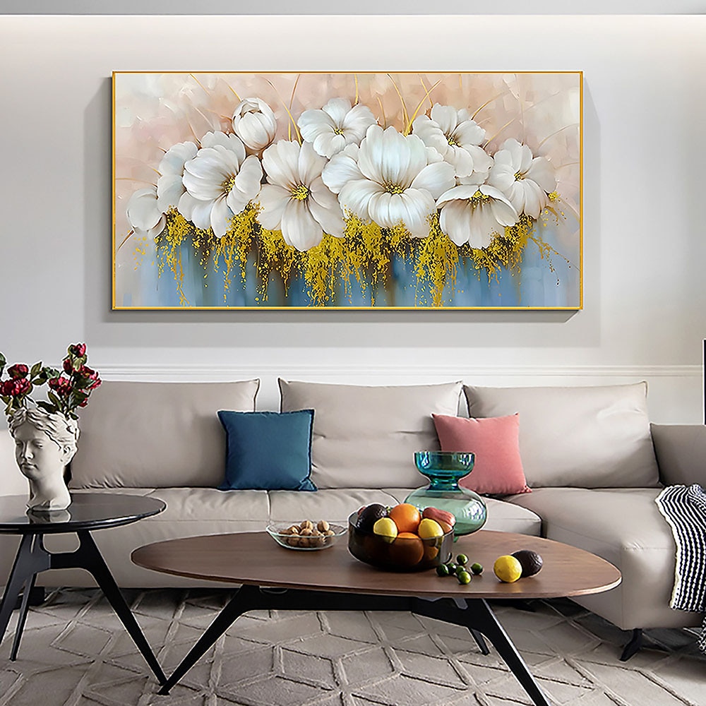 Handgefertigtes handgemaltes Ölgemälde an der Wand, abstraktes Ölgemälde mit weißen blühenden Blumen auf Leinwand, originales goldenes Blumen-Acrylgemälde, modernes großes Wandkunst-Dekor, gerollte 2025 - $77.99 –P7