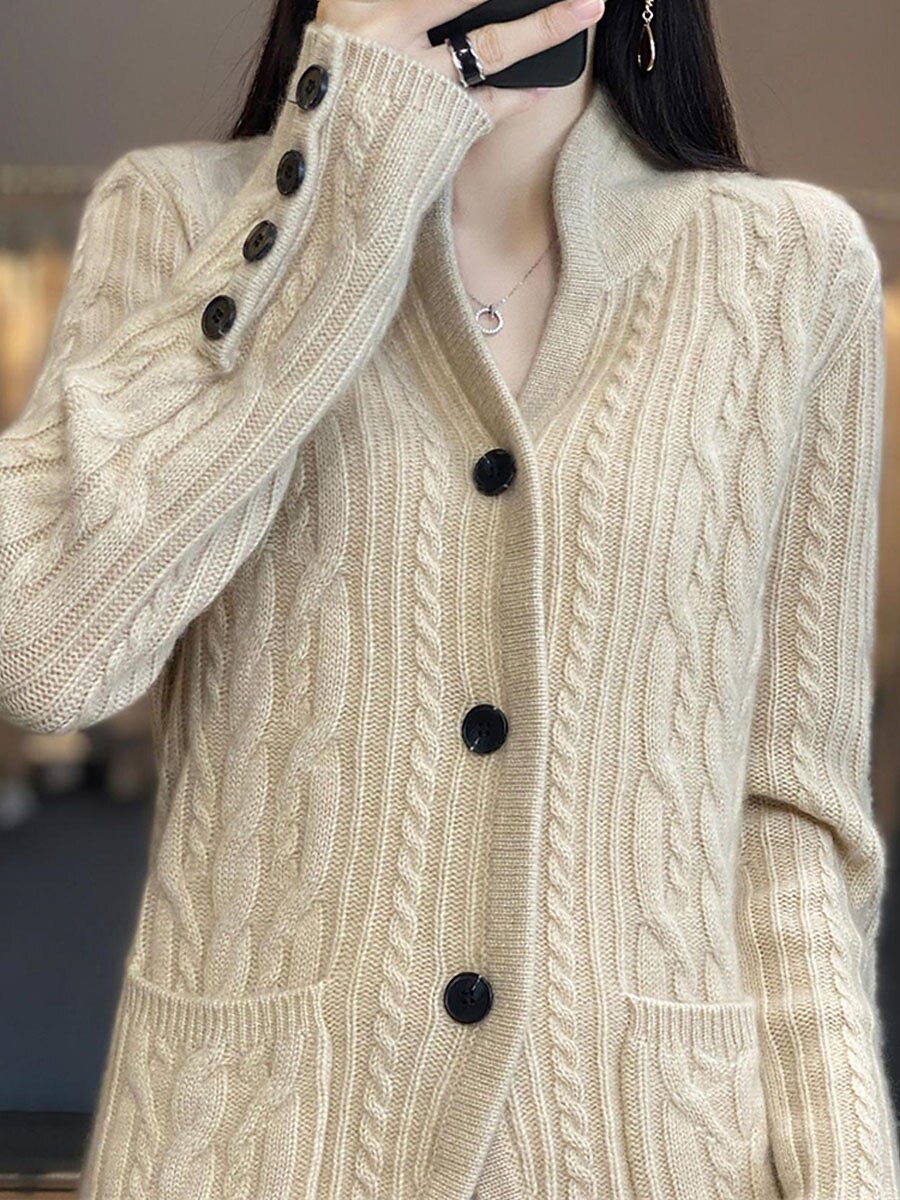 Women's Cardigan Sweater Stand Collar Cable Knit Rayon Button Pocket Fall Winter Outdoor Daily Going out Stylish Casual Soft Long Sleeve Solid Color White Brown Beige S M L 2023 - US $35.99 –P3