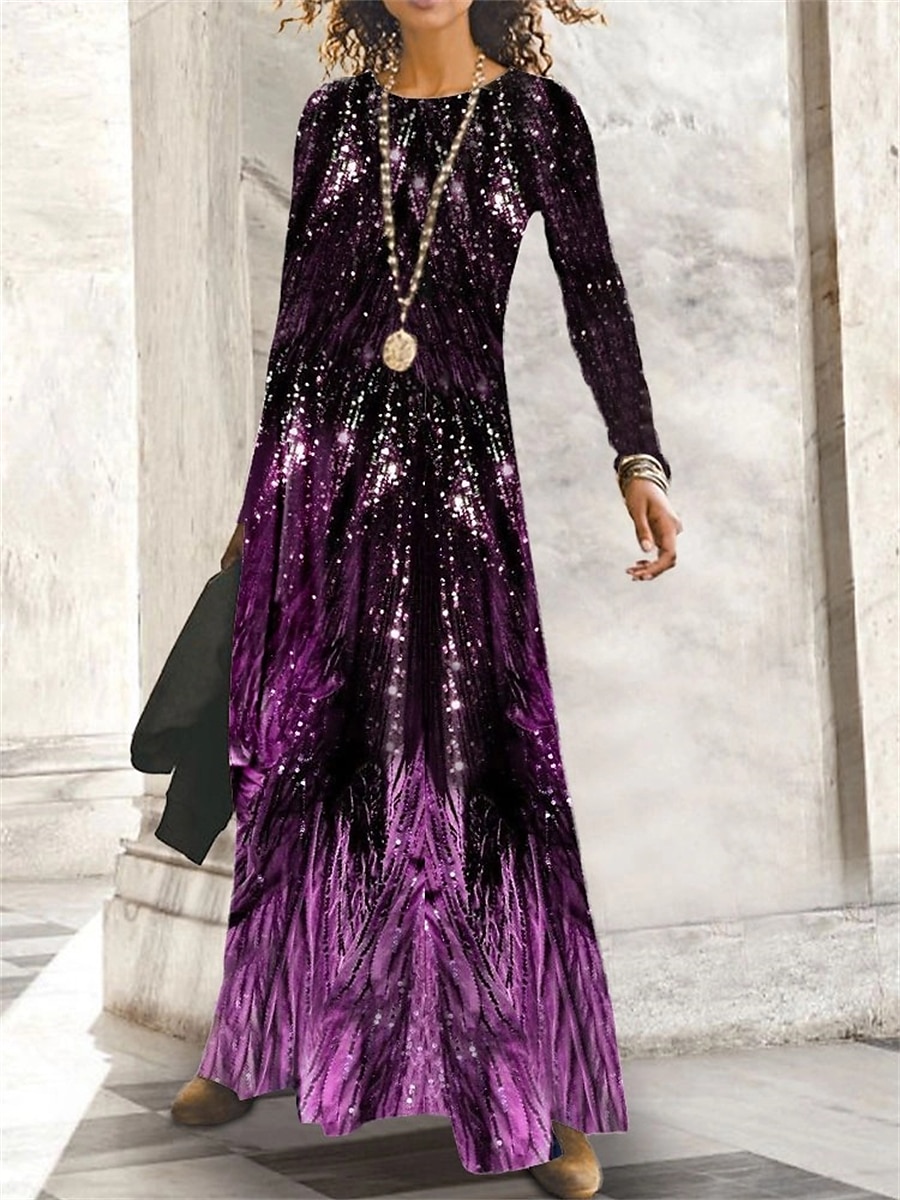 dames print print ronde hals lange jurk maxi jurk elegant klassiek dagelijks vakantie lange mouw herfst winter 2025 - $27.99 –P2