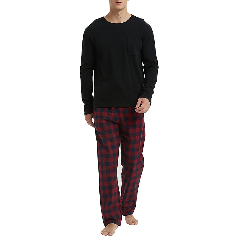Herr Vardagsklädsel Sovkläder Pyjamas set Pyjamastopp och byxa 2 delar Rutig Stylish Ledigt Komfort Hem Dagligen Bomullsblandning Komfort Rund hals Långärmad T-shirt Byxa Snörning Elastisk midja 2025 - $33.99 –P2