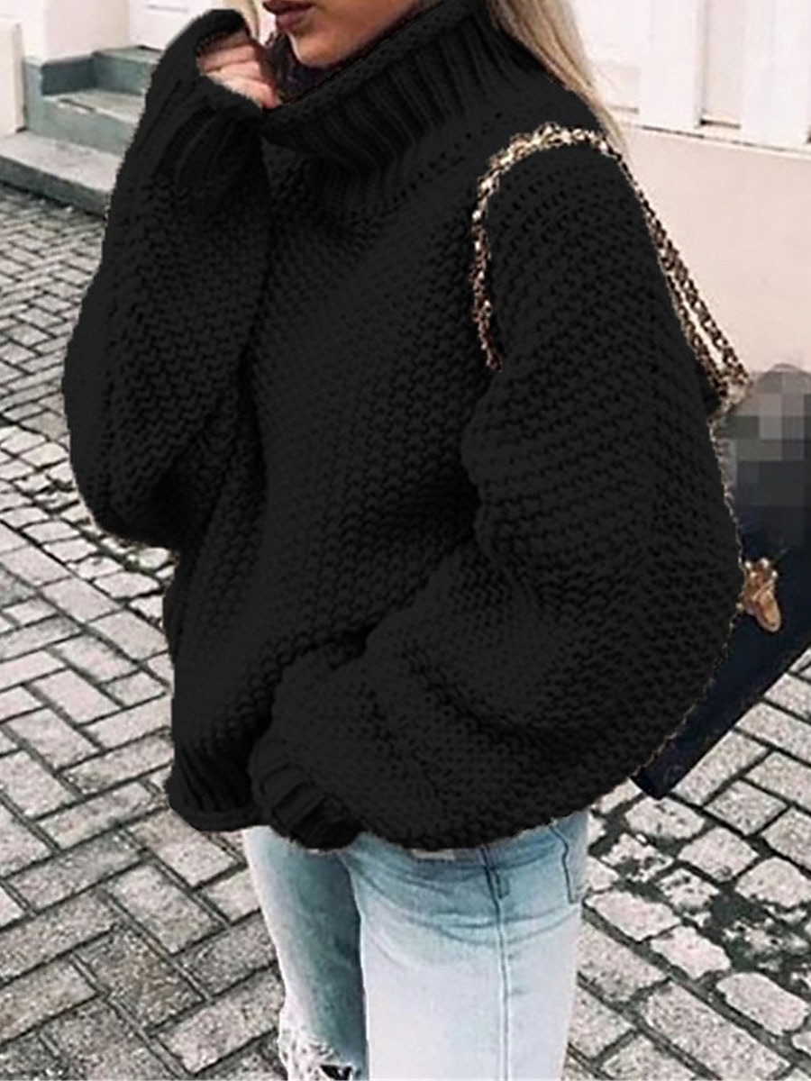 Dame Pullover genser Stilfull Fritid Myk Helfarge Riflet Rullekrage Overstørrelse Langermet Vanlige topper Strikke Daglig Ut på byen Helg Svart Rosa Høst Vinter 2025 - $33.99 –P2