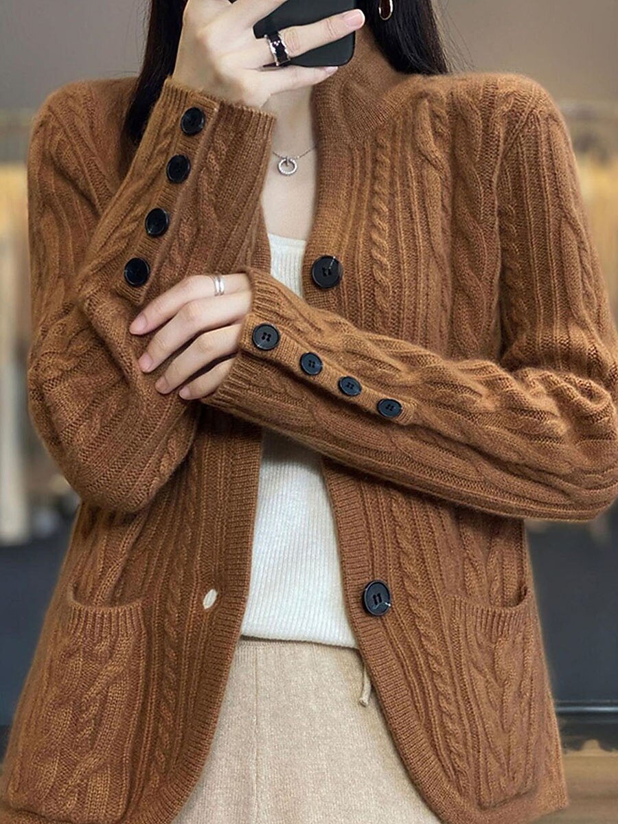 Women's Cardigan Sweater Stand Collar Cable Knit Rayon Button Pocket Fall Winter Outdoor Daily Going out Stylish Casual Soft Long Sleeve Solid Color White Brown Beige S M L 2023 - US $35.99 –P7
