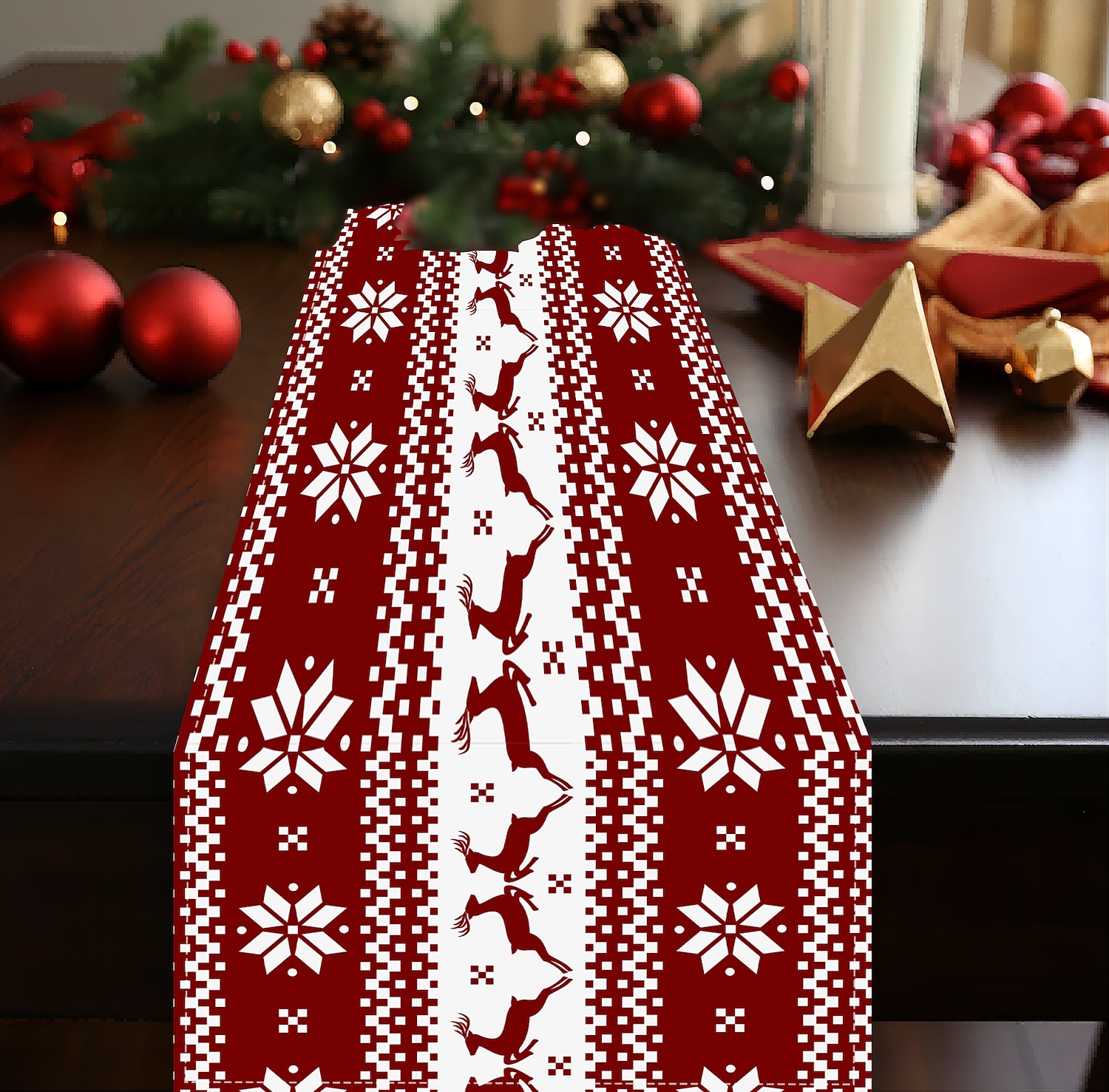 corredor de mesa vermelho, decoração de mesa sazonal em estilo fazenda de férias de inverno de 2025 por $2.49 –P5
